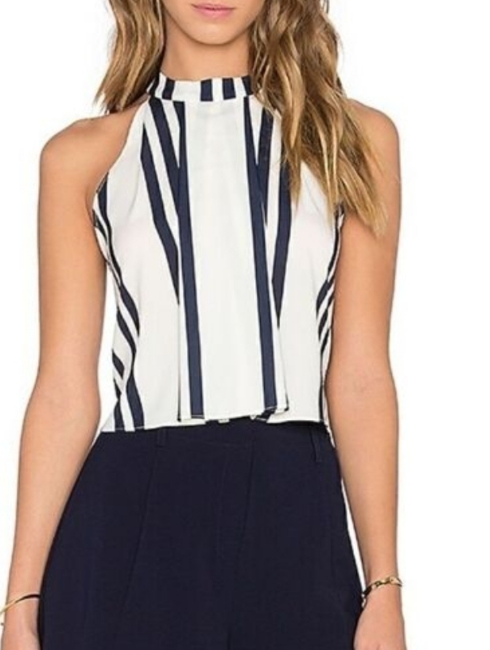 Anthropologie Bishop + Young Ivory Navy Striped High Neck Sleeveless Top Large